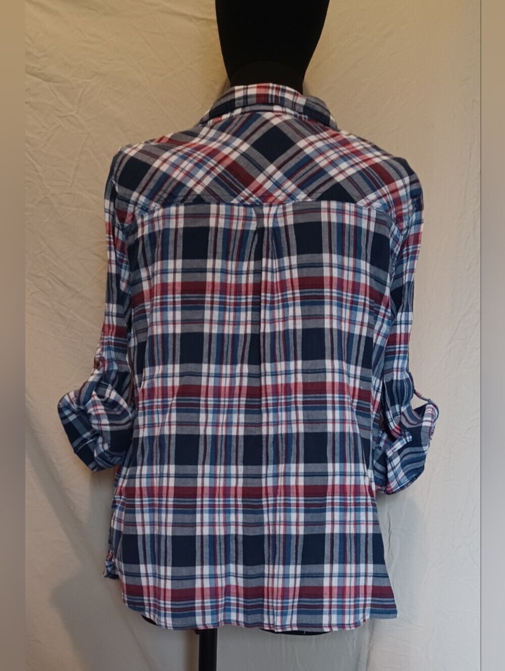 Catherines Red, Navy & Light Blue Plaid Button-Up Utility Shirt Blouse - Picture 7 of 12